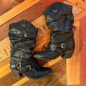 Women’s LEI Black Slouchy Mid-Calf Boots with Buckle Detail size 10